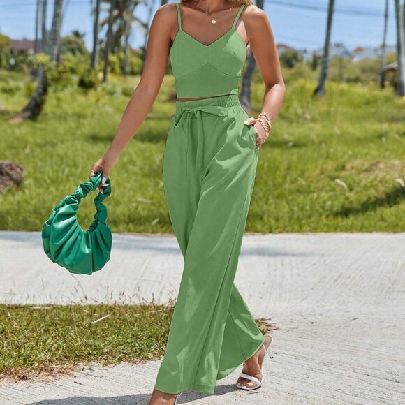 Tops - Green Casual Women's Spring Break Solid Cami Top & Wide Leg Pants Two Piece Set